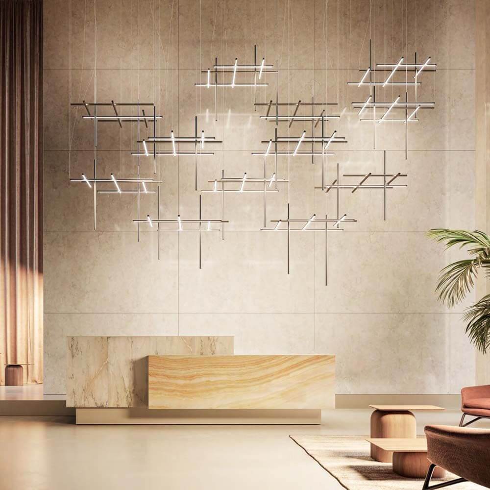 Panzeri Hilow LED pendant light in modern living environment with creative light installations.