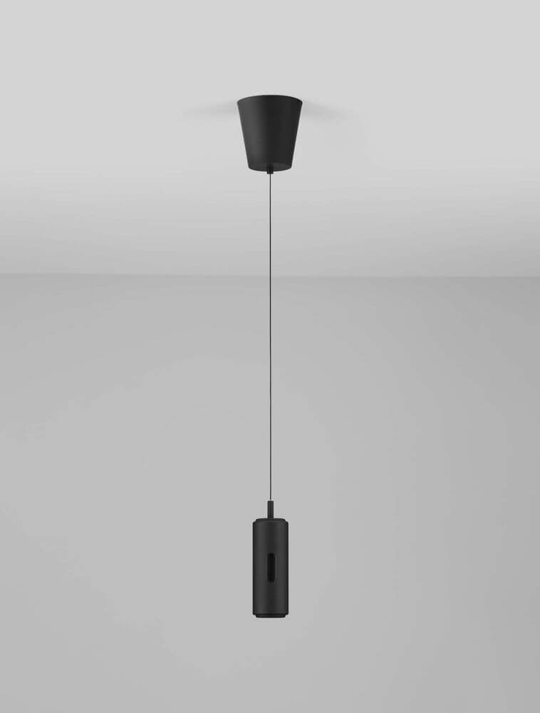 Holm LED Pendelleuchte Ø 13cm 3000K im modernen technischen Design, schwarz, hängend von der Decke.