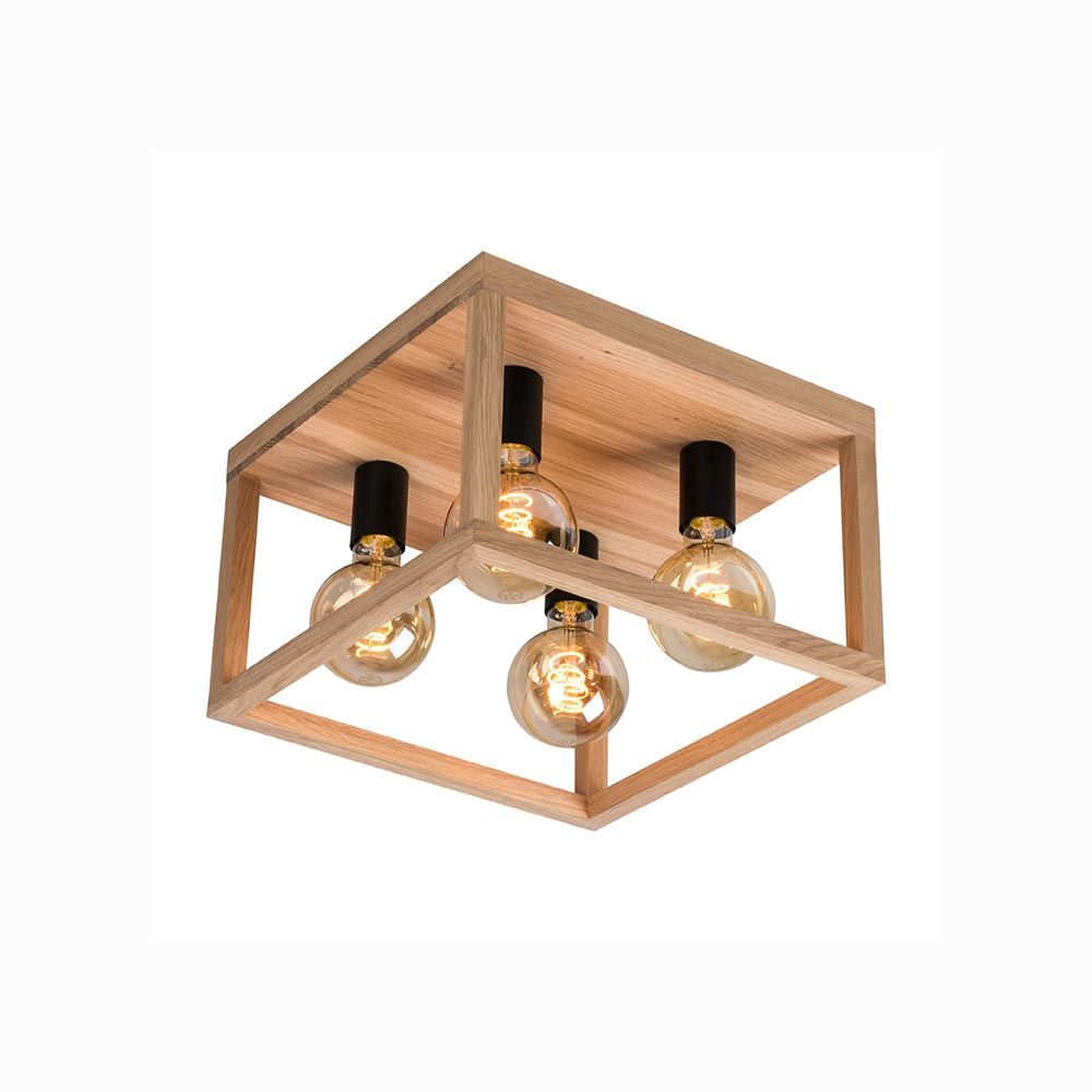 Holz Deckenleuchte 4-flammig Kago Eiche-Geölt Schwarz im modernen Design mit klaren Glühbirnen.