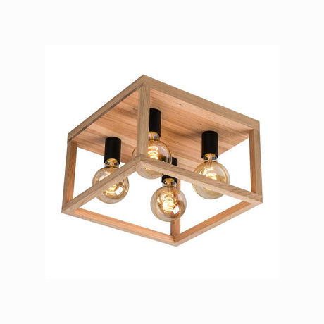Wooden ceiling light, 4-bulb Kago oiled oak/black in a modern design with clear light bulbs.