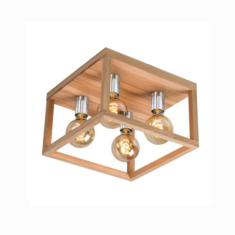 Holz Deckenleuchte 4-flammig Kago Eiche-Geölt Chrom mit modernen Glühbirnen im quadratischen Design.