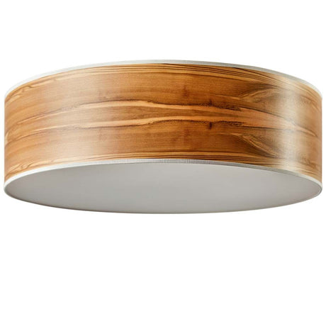 Holz-Deckenleuchte Discus Olivesche-Maser mit elegantem Design für Esstische und Wohnzimmer.