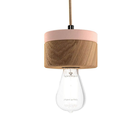Suspension en bois Ø 11 cm en 3 essences de bois avec une esthétique minimaliste, naturelle et un rose pastel.