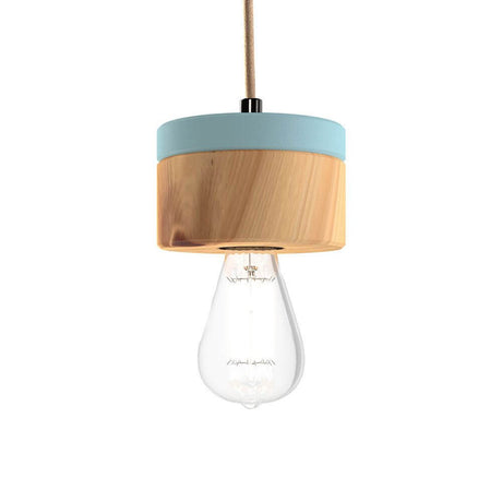 Suspension en bois Ø 11 cm en 3 essences de bois avec cylindre bleu pastel et design d’ampoule claire.