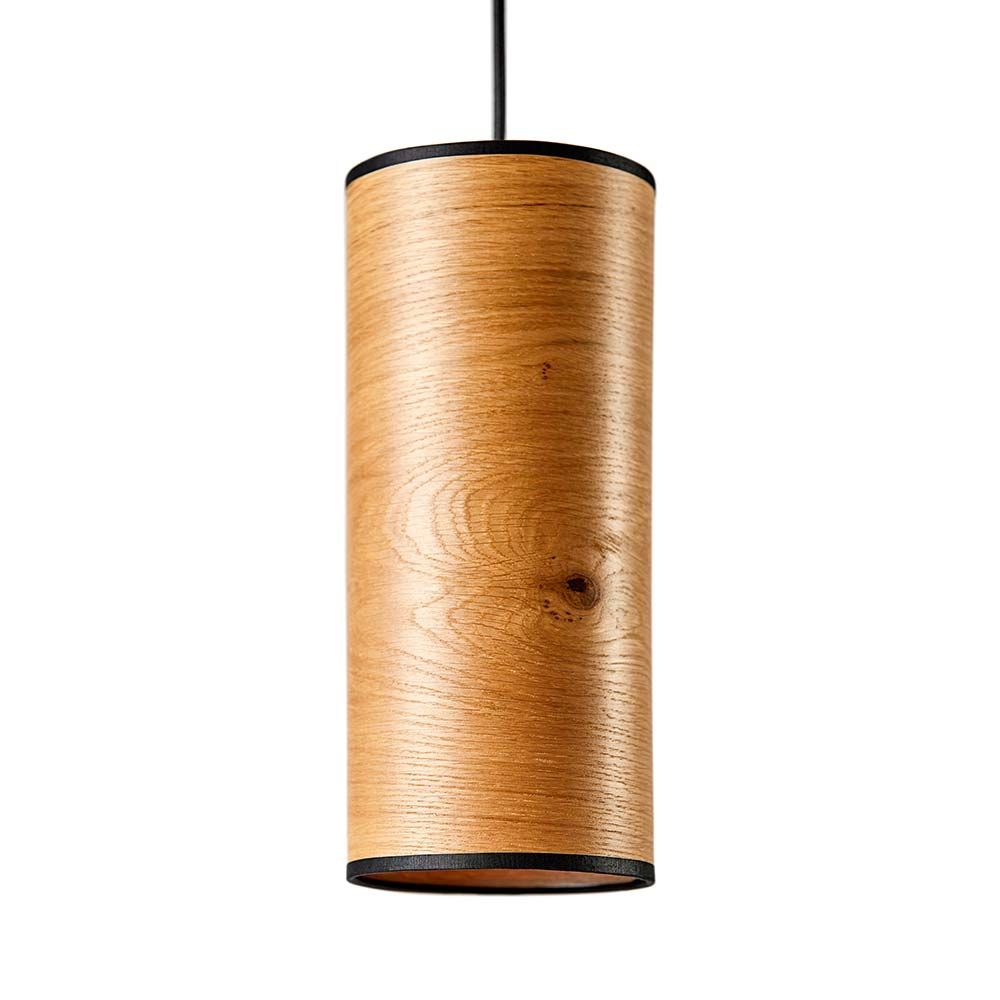 Holz-Hängeleuchte Nux Deutsche Eiche aus Echtholzfurnier in zylindrischer Form, ideal für stimmungsvolles Licht.