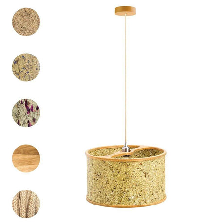 Holz Hängeleuchte mit Heuschirm aus Eiche und Almheu, Designlinie 2610, natürliche Materialien, alpine Ästhetik.