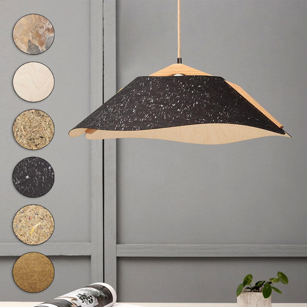 Holz Hängeleuchte mit Schirm Ø 62cm geschwungen in modernem Design und verschiedenen Materialien.