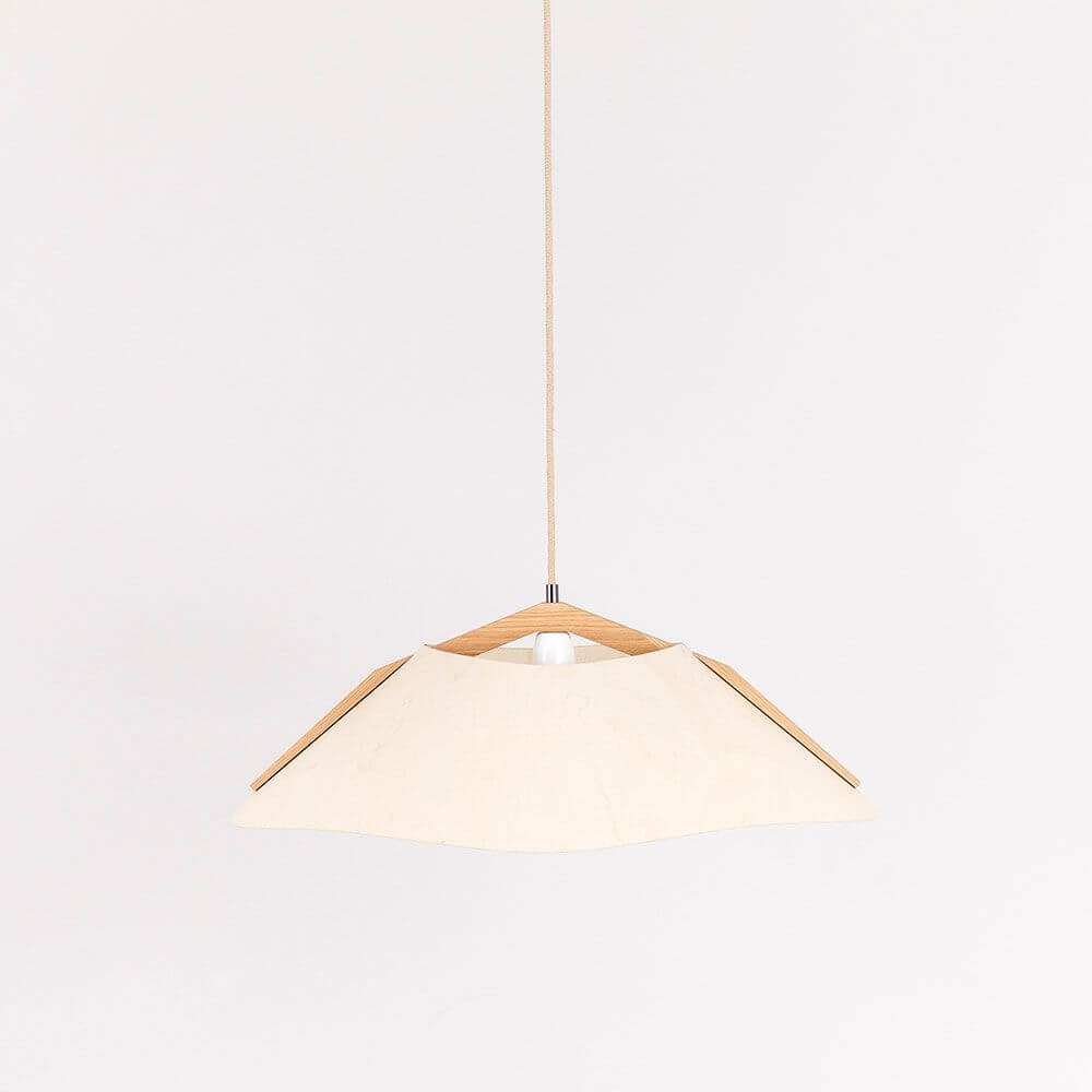 Holz Hängeleuchte mit Schirm Ø 62cm geschwungen, natürlicher Designleuchte mit einzigartigem Lampenschirm.