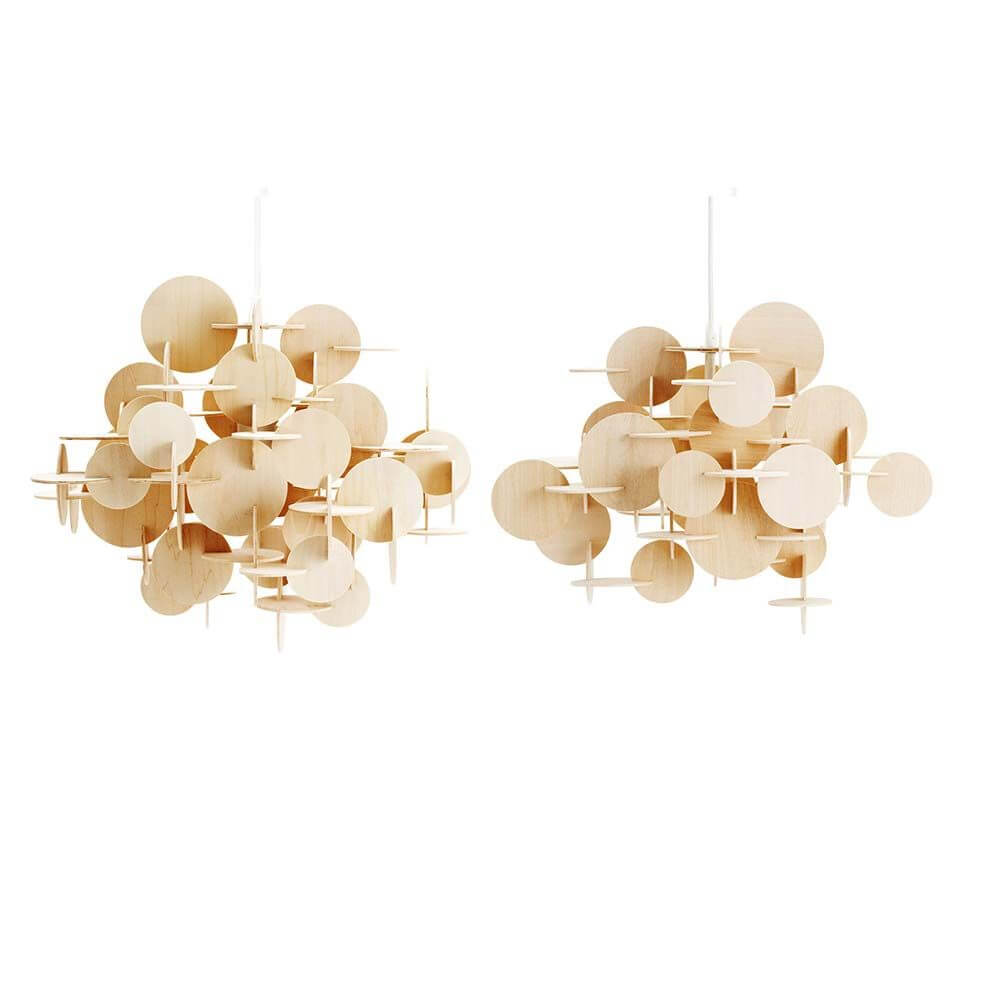 Holz-Pendelleuchte Bau S 44cm, skulpturale Hängeleuchte aus Naturholz mit geometrischen Formen.