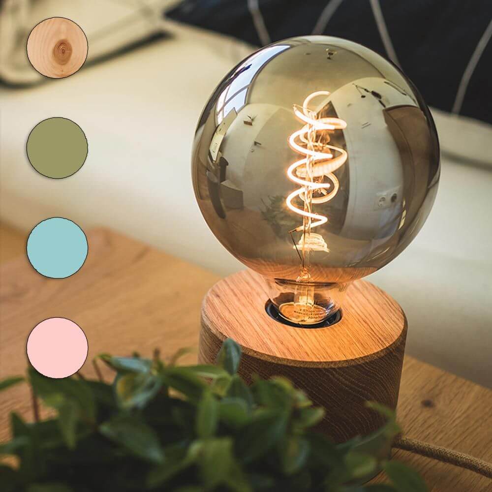 Holz Tischlampe Ø 11cm in 3 Holzarten mit transparenter Glaskugel und Pastellfarben.