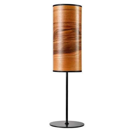 Holz-Tischlampe Arboreus 50cm Europäischer Nussbaum mit zylindrischem Schirm und schwarzem Lampenfuß.