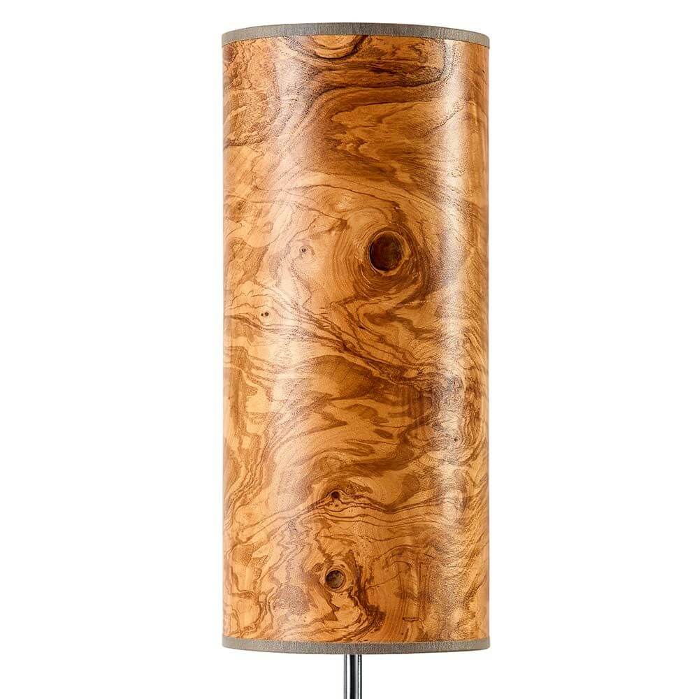 Holz-Tischlampe Arboreus 50cm Olivesche-Maser mit zylindrischem Schirm aus Echtholzfurnier.
