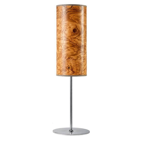 Holz-Tischlampe Arboreus 50cm Olivesche-Maser mit zylindrischem Schirm aus Echtholzfurnier und modernem Lampenfuß.