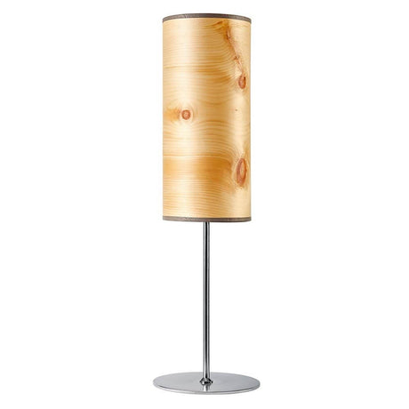 Holz-Tischlampe Arboreus 50cm Zirbe mit zylindrischem Echtholzfurnier und schwarzem Lampenfuß.