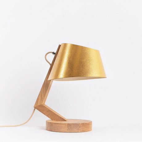 Holz Tischleuchte mit Schirm geschwungen in Gold und natürlichem Holzdesign