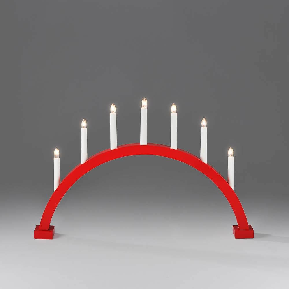 Holzleuchter rot lackiert 7 klare Birnen Innen auf grauem Hintergrund, ideal für Weihnachtsdekoration.
