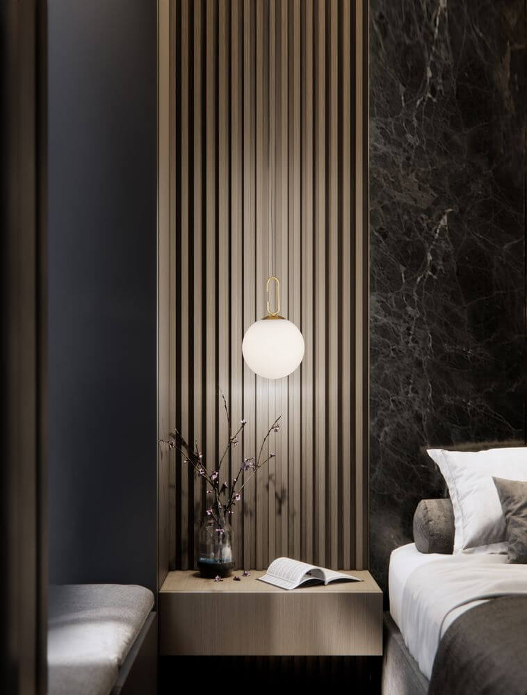 Hook LED Pendelleuchte Ø 18cm 3000K Gold-Gebürstet, Weiß im modernen Schlafzimmer mit stilvollem Ambiente.