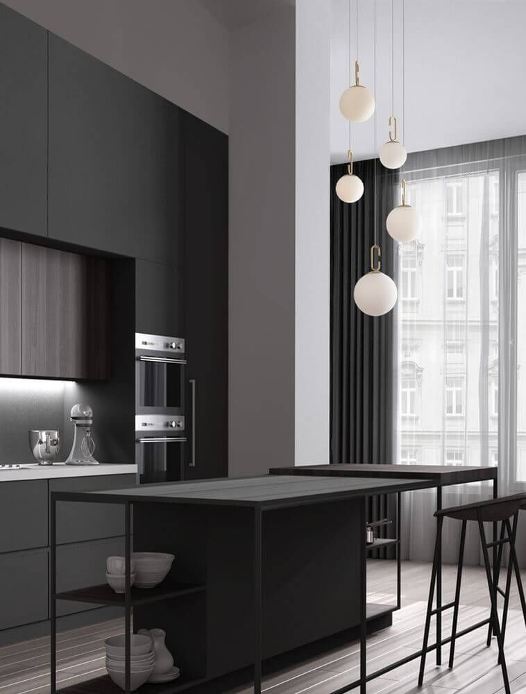 Hook LED Pendelleuchte 5-flammig Ø 42cm 3000K Gold-Gebürstet, Weiß im modernen Kücheninterieur anzeigen.