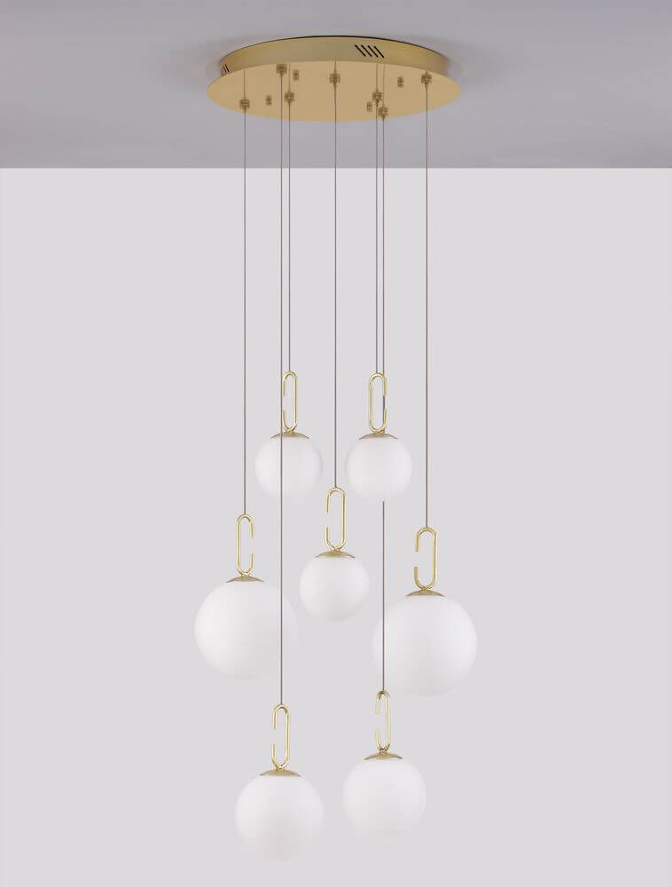 Hook LED Pendelleuchte 7-flammig Ø 56,6cm 3000K Gold-Gebürstet, Weiß mit edelen Glas-Elementen