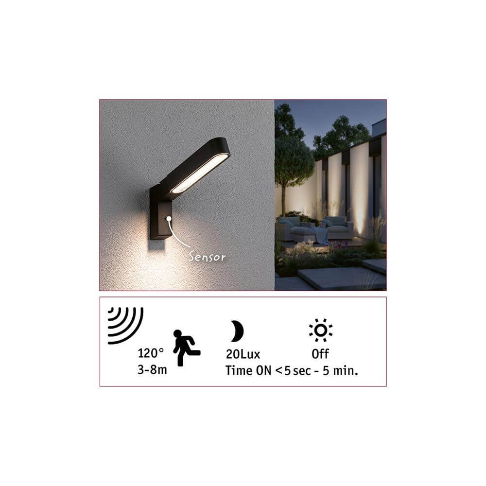 House LED Außenwandleuchte Ito Bewegungssensor Vertikal an Hauswand, asymmetrischer Lichtkegel, robustes Metallgehäuse, IP44 Spritzwasserschutz