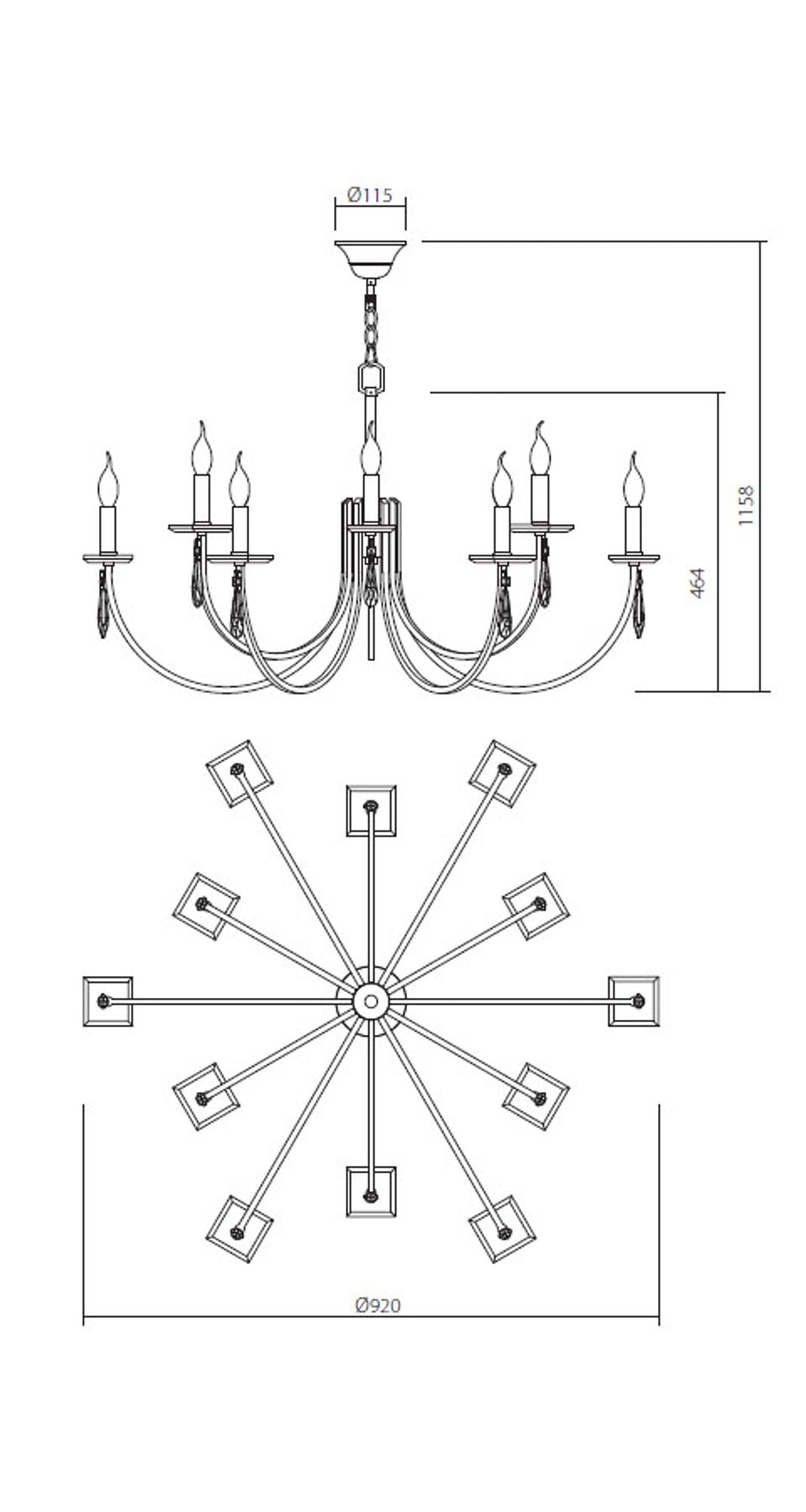 Lampadario Elisir a 12 luci color ottone
