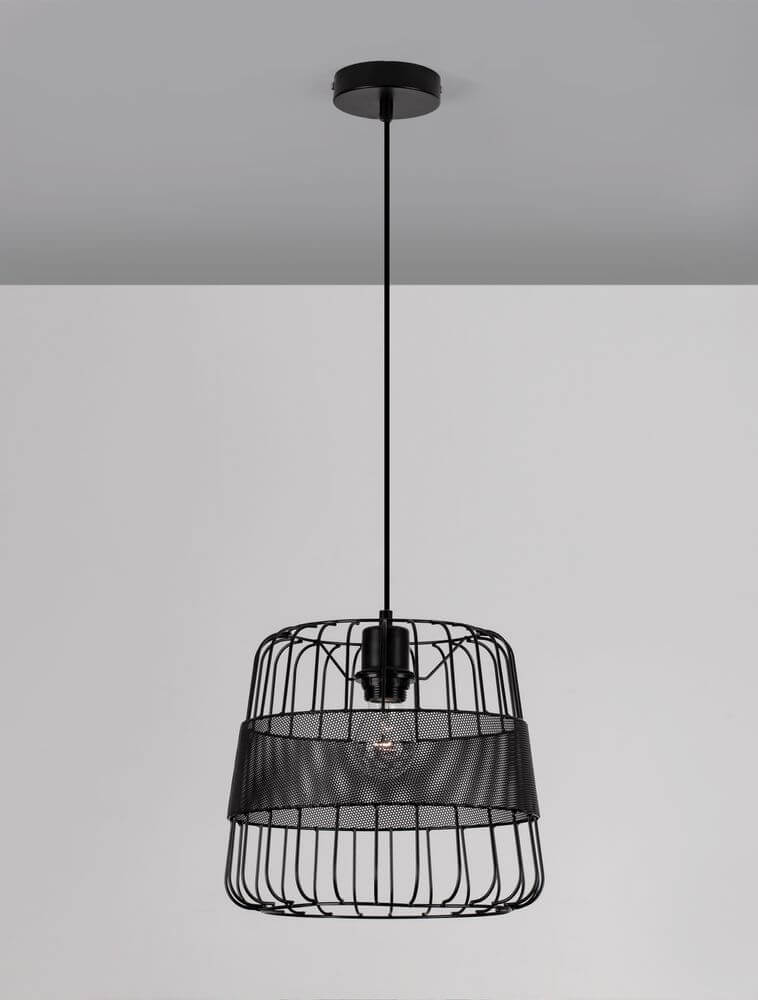 Ian Pendelleuchte E27 Schwarz im Vintage-Stil mit Metallgitter und schwarzem Finish.
