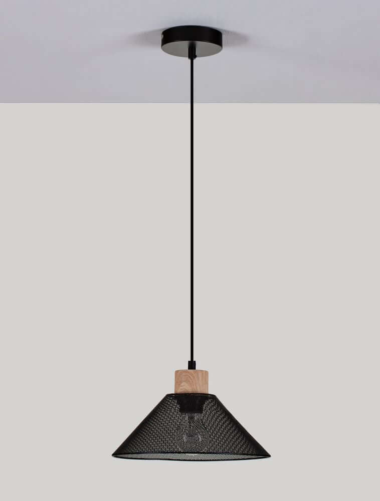 Ian Pendelleuchte E27 Schwarz mit modernem Design und Holzdetails, ideal für Esszimmer und Wohnzimmer.