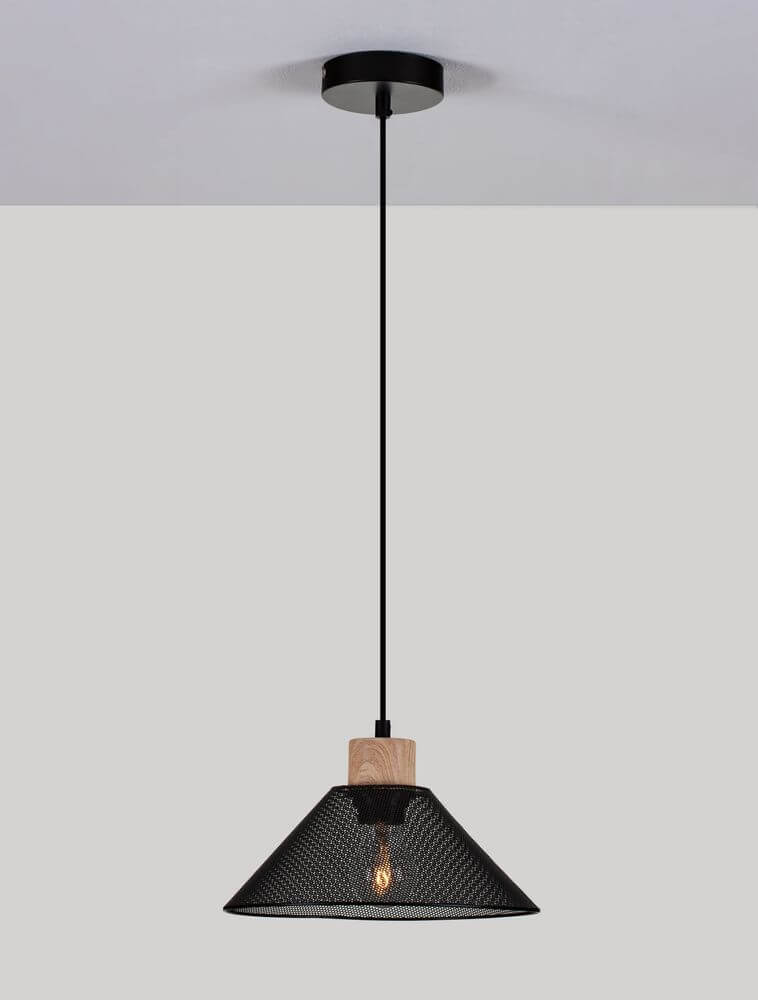 Ian Pendelleuchte E27 Schwarz in modernem Design mit schwarzem Metall und Holz-Element.