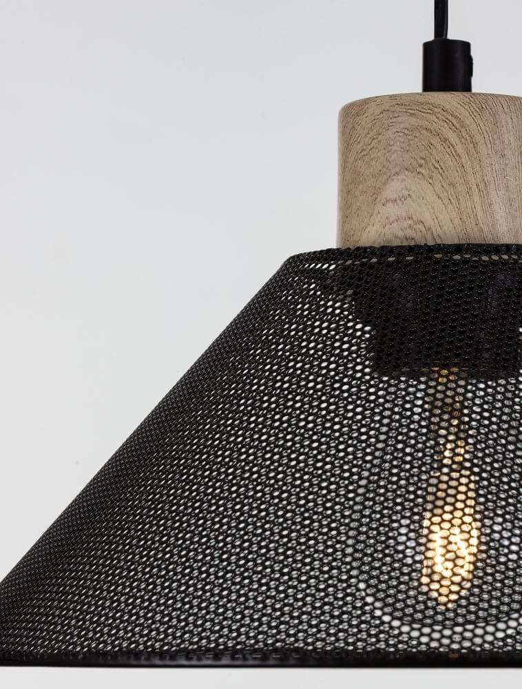 Ian Pendelleuchte E27 Schwarz mit schwarzem Metallschirm und Holzdetail