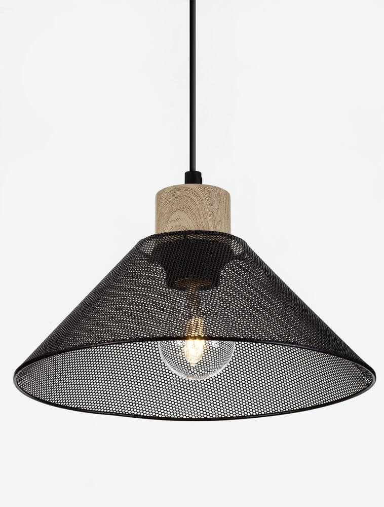 Ian Pendelleuchte E27 Schwarz - stilvolle Leuchte im Vintage-Stil mit robustem Metall und Holz.