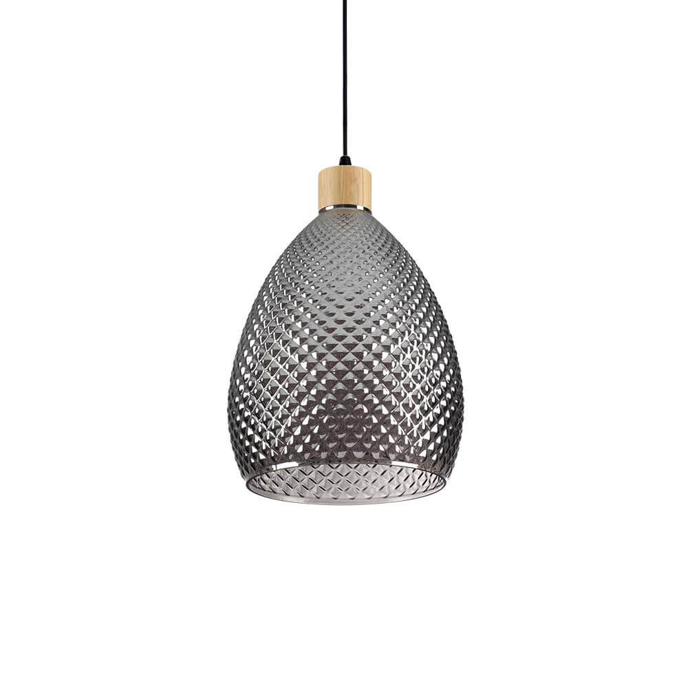 Bergen Glas Pendellampe mit dekorativem, diamantförmigem Design und Holzdetails, ideal für moderne Innenräume.