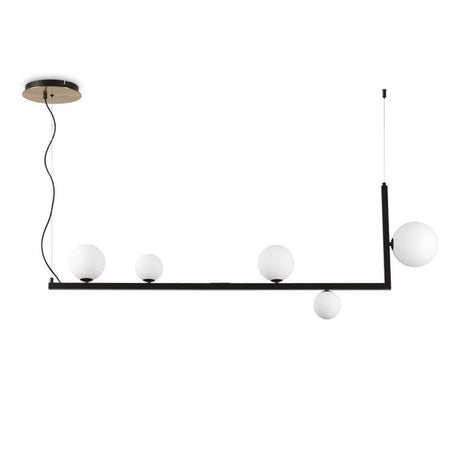 Stylish Birds pendant light, 5-light, with round white lampshades in a modern design.