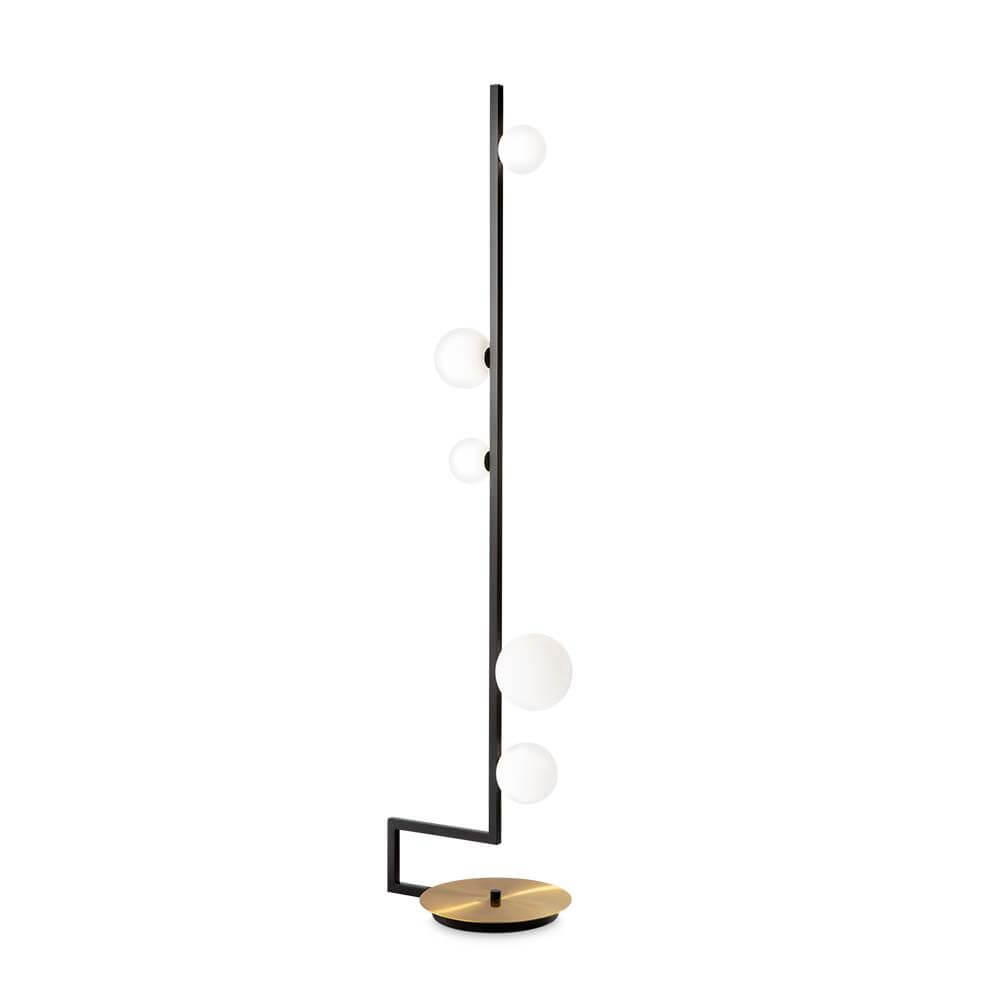 Vorschau der Birds Stehleuchte 160cm mit modernem Design und verschiedenen Leuchtkugeln auf schwarzem Gestell.