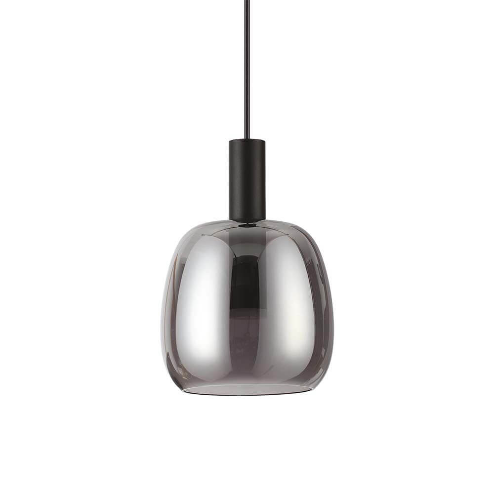 Coco LED Pendelleuchte in modernem Design, mit grauem Lampenschirm und schwarzem Aufhängesystem.