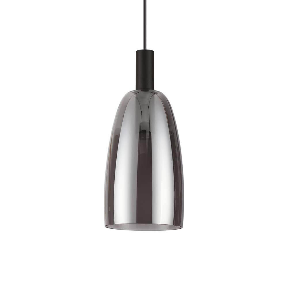 Coco LED Pendellampe - elegante hängende Lampe mit grauem Glas und schwarzem Metall.