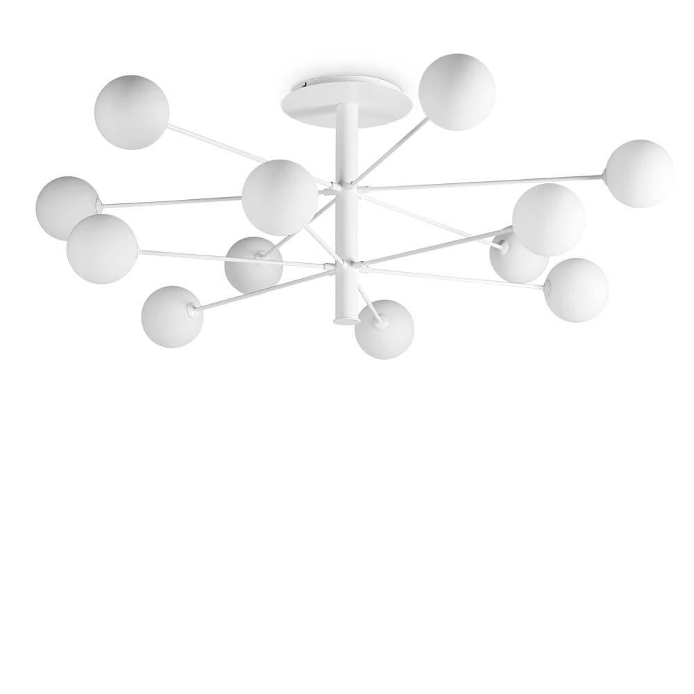 Moderne Cosmopolitan Deckenleuchte mit zwölf weißen Lampen, stilvoll und einzigartig im Design.