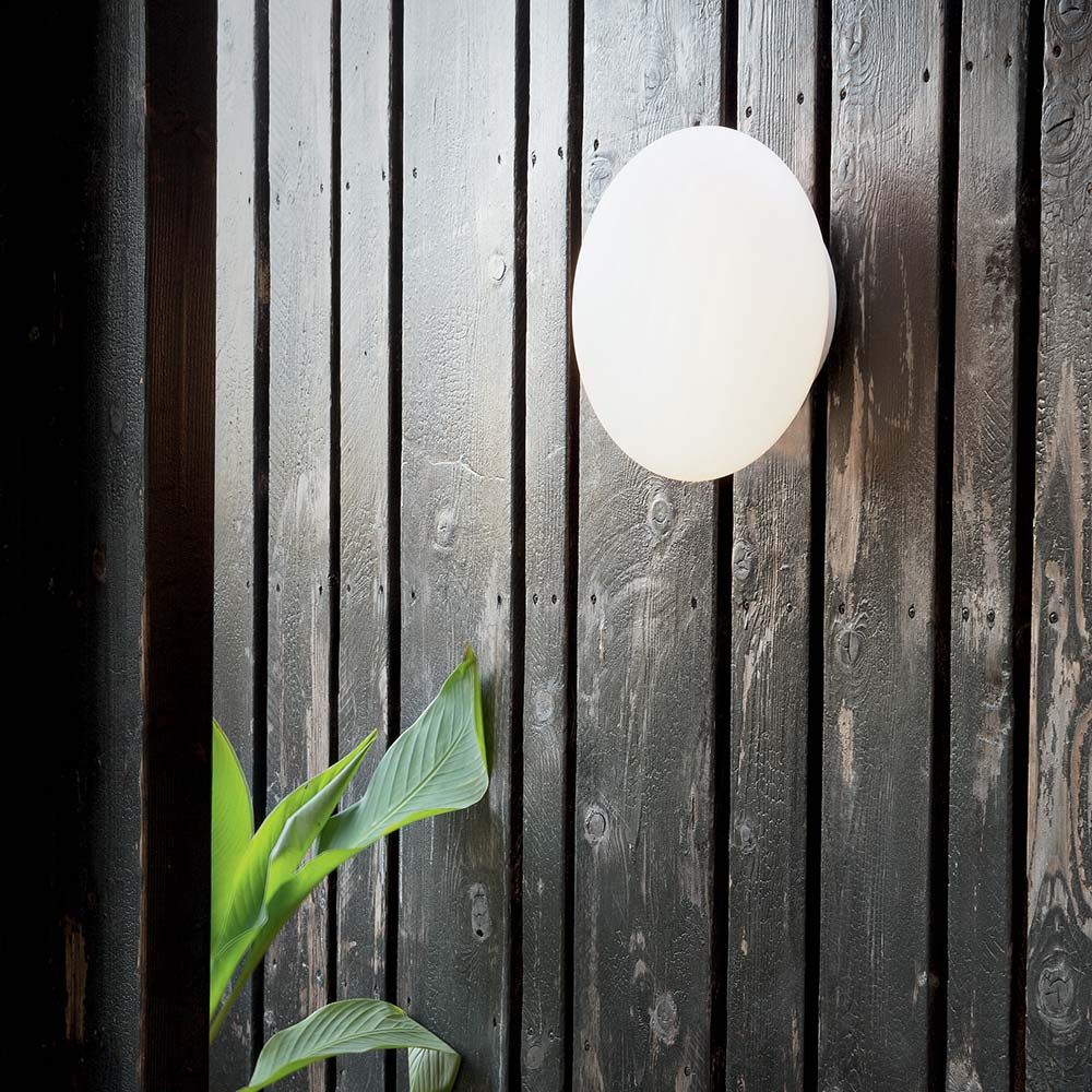 Wand- & Deckenleuchte Bubble Pl1 an einer Holzwand mit einer Pflanze im Vordergrund.