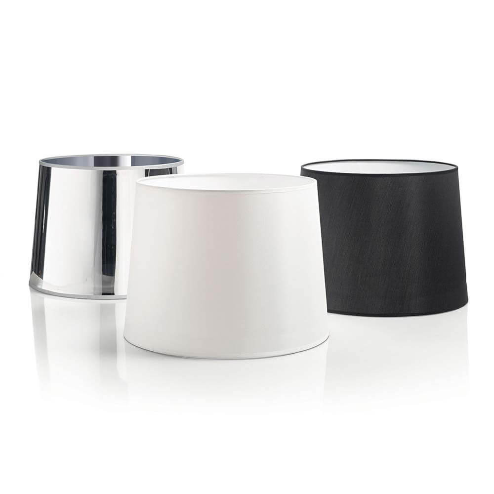 Dorsale Schirm in Chrom, Weiß und Schwarz für Bogen-Stehleuchte, aus PVC-Folie gefertigt.