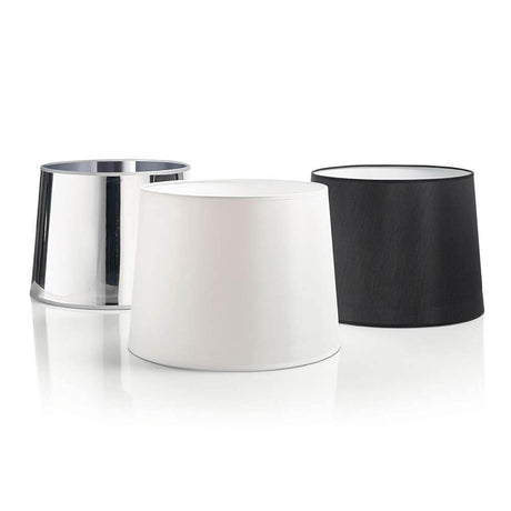 Dorsale lampshade for arc floor lamp in chrome, with white and black fabric covering.