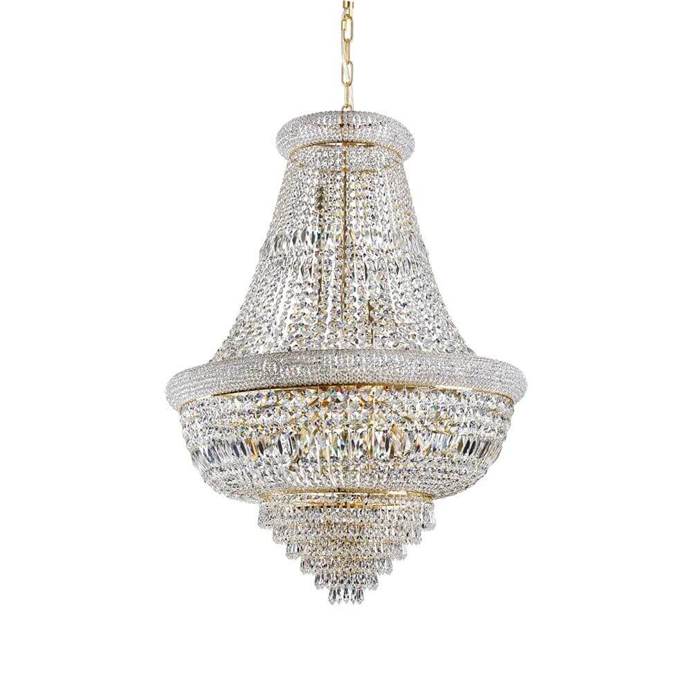 Eleganter Dubai Kristall Kronleuchter 24-flammig mit funkelnden Kristallen und goldenen Details.