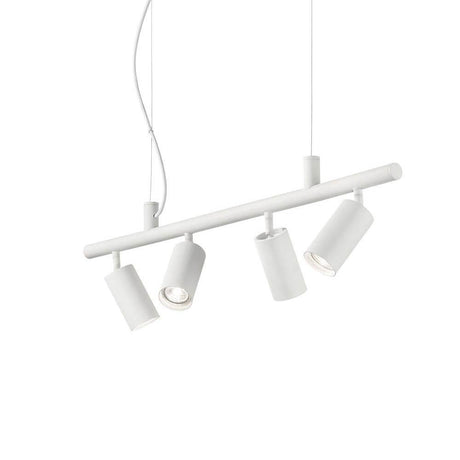 Dynamite pendant linear light, 4-light, with four white lampshades, ideal for modern interiors.