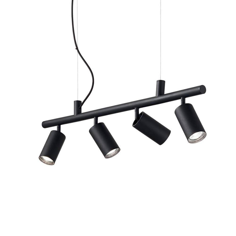 Dynamite Pendel-Balkenstrahler 4-flammig in modernem, schwarzem Design mit vier beweglichen Leuchten.