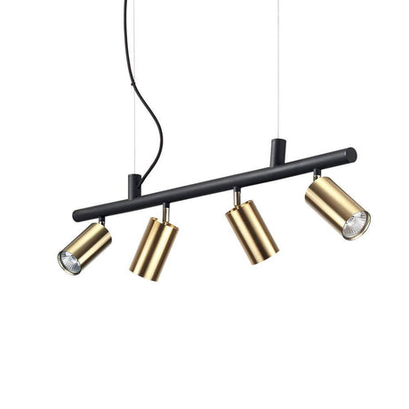 Dynamite pendant linear light, 4-light, with gold lampshades and a black frame.