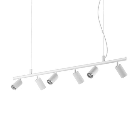 Dynamite 6-light pendant light spotlights with six white, swivel-mounted lights, ideal for modern interiors.