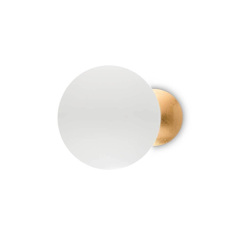 Eclissi LED Wandlampe Weiß, Gold mit rundem, mattem Glas und goldener Wandhalterung.