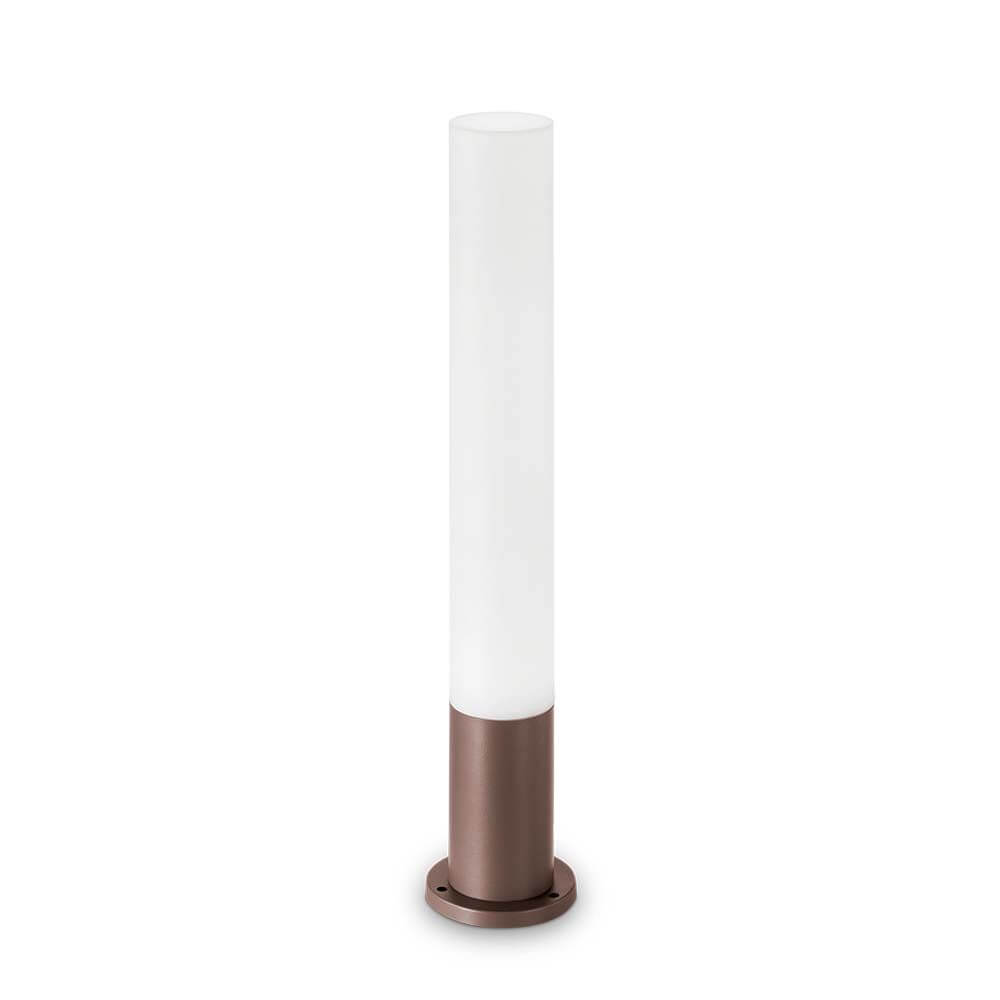 Edo Außen Pollerleuchte IP44 in modernem Design mit einem weißen Zylinderglas und braunem Sockel.