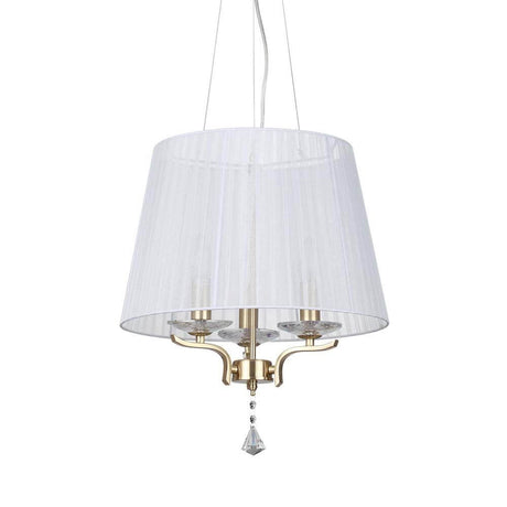 Pegaso pendant lamp 3-light satin brass with elegant fabric shade and decorative crystal pendants