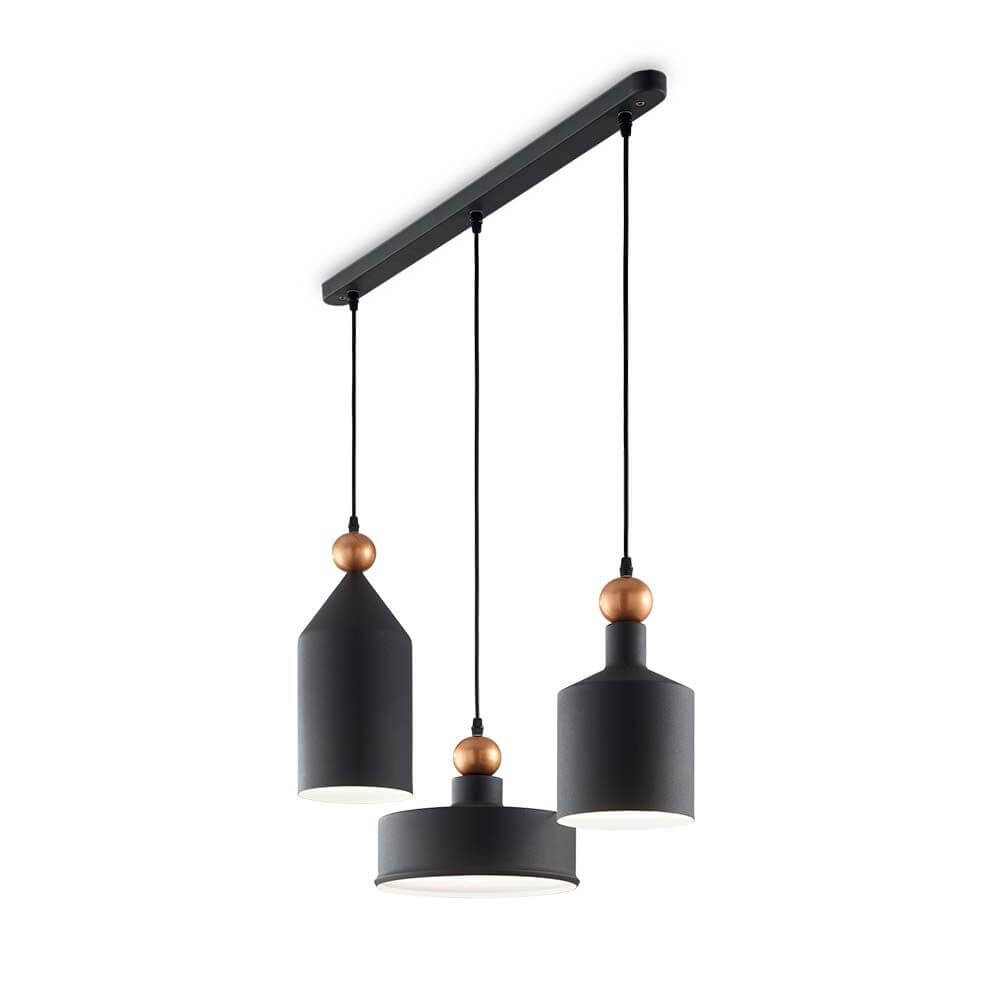 Hängelampe Triade 3-flammig Grau, Schwarz mit modernen Lampenschirmen in Schwarz und Kupferdetails