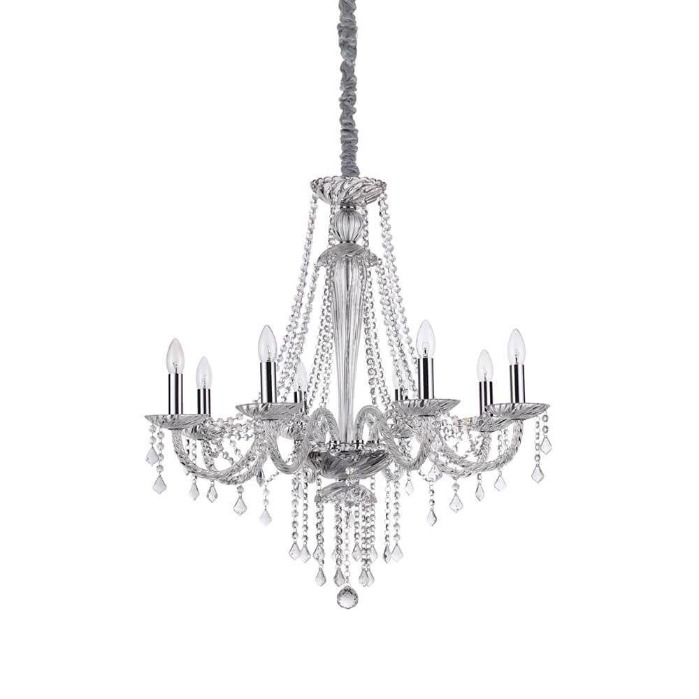 Hängeleuchte Amadeus Sp8 in elegantem Design mit Kristallakzenten und sechs Kerzenlampen.