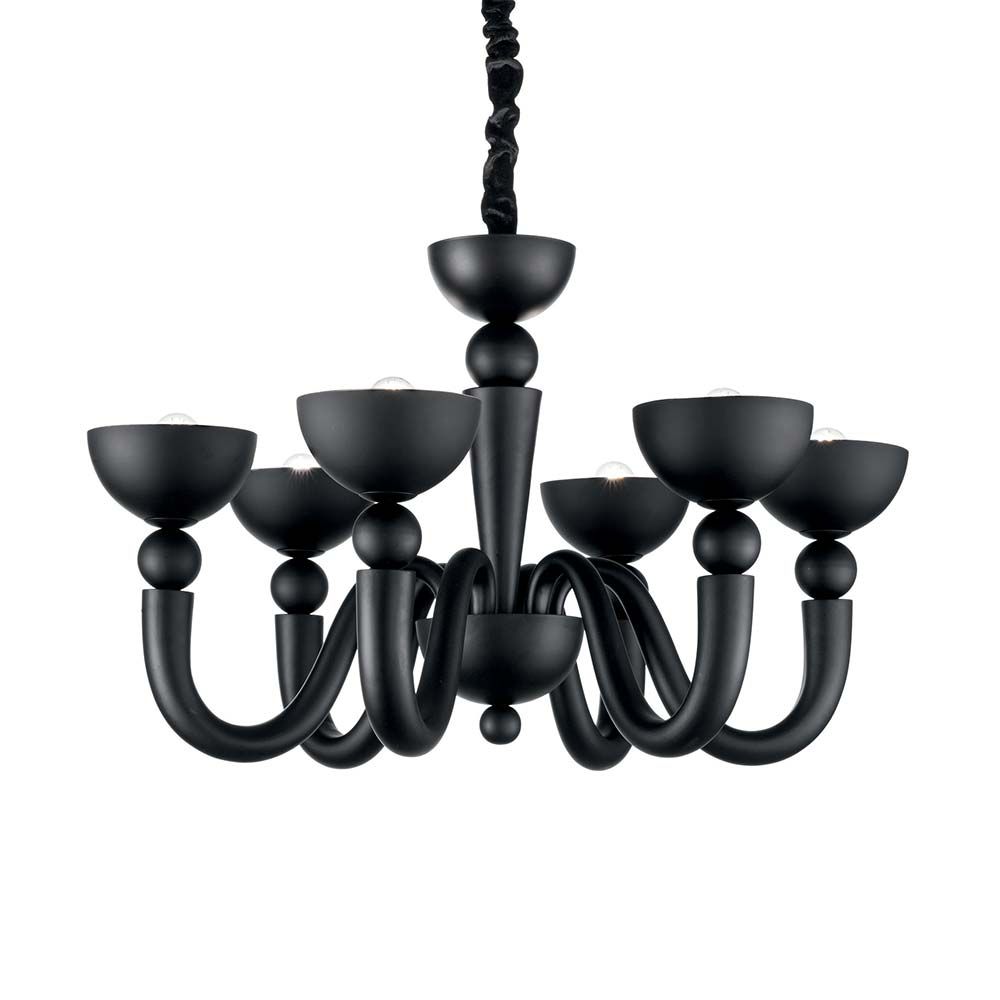 Hängeleuchte Bon Bon Sp6 Schwarz in elegantem Schwarz mit mehreren Leuchten und geschwungenen Armen.